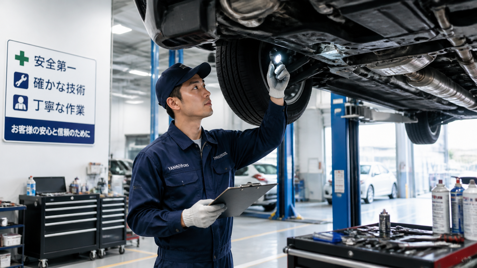 自動車の下回り点検を行う整備士